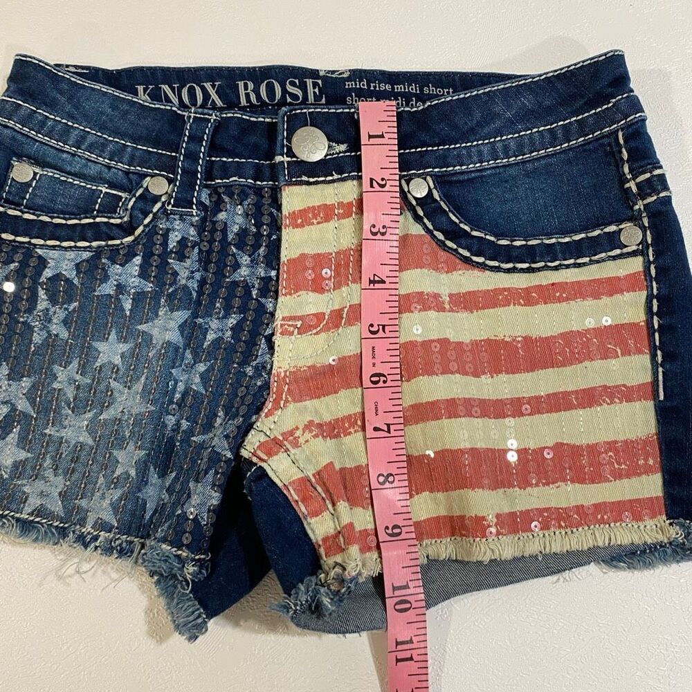 Knox Rose American Flag Sequin Denim Shorts Women’s Size 2/26 Mid Rise Distresse - Picture 6 of 8